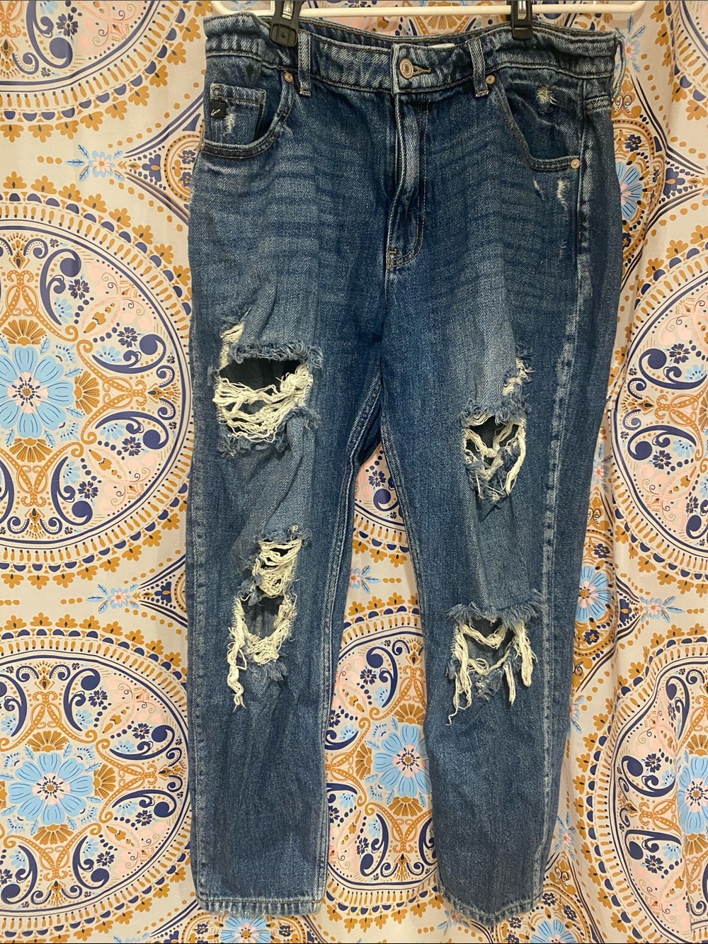 KanCan Women's Distressed Boyfriend Jeans in Dark Blue Wash